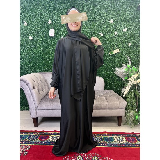 satin prayer dress with integrated hijab in black